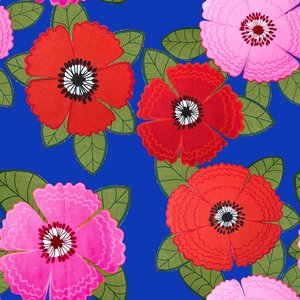 Mönstrad Trikå 150 cm - Zinnia Röd Rosa Blommor Blå 
