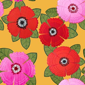 Mönstrad Trikå 150 cm - Zinnia Röd Rosa Blommor Senap